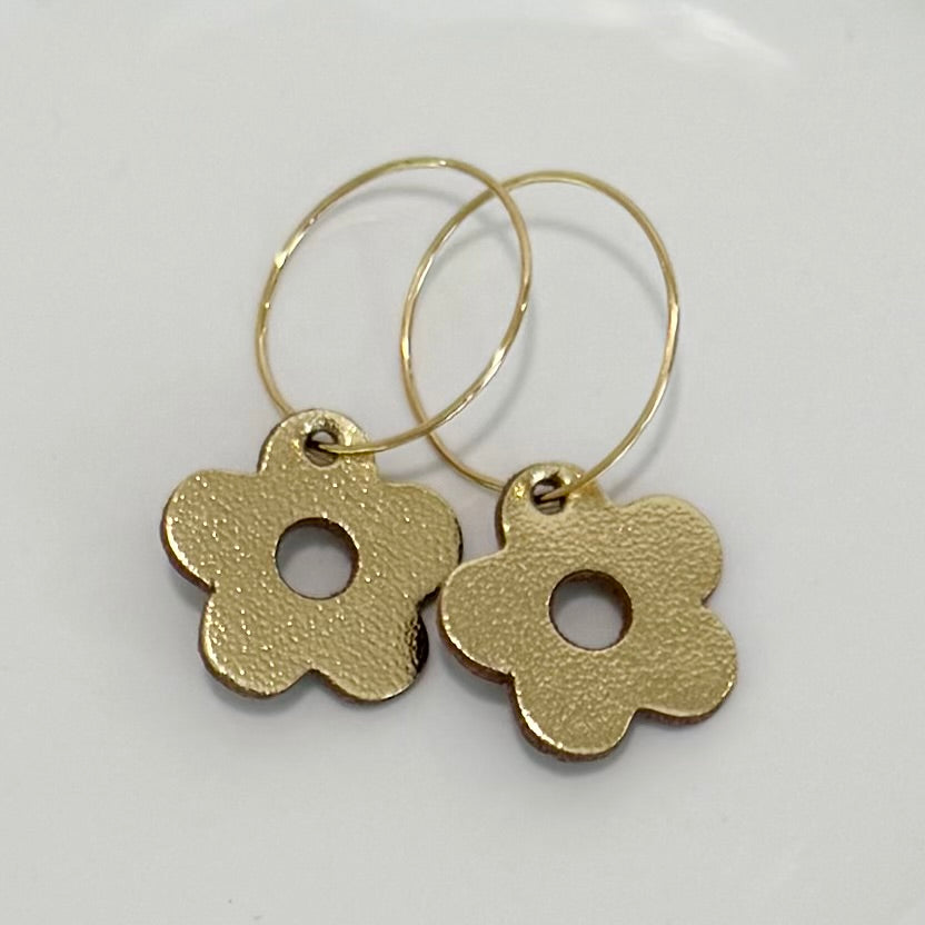 Leather Gold Daisy Hoop Earrings