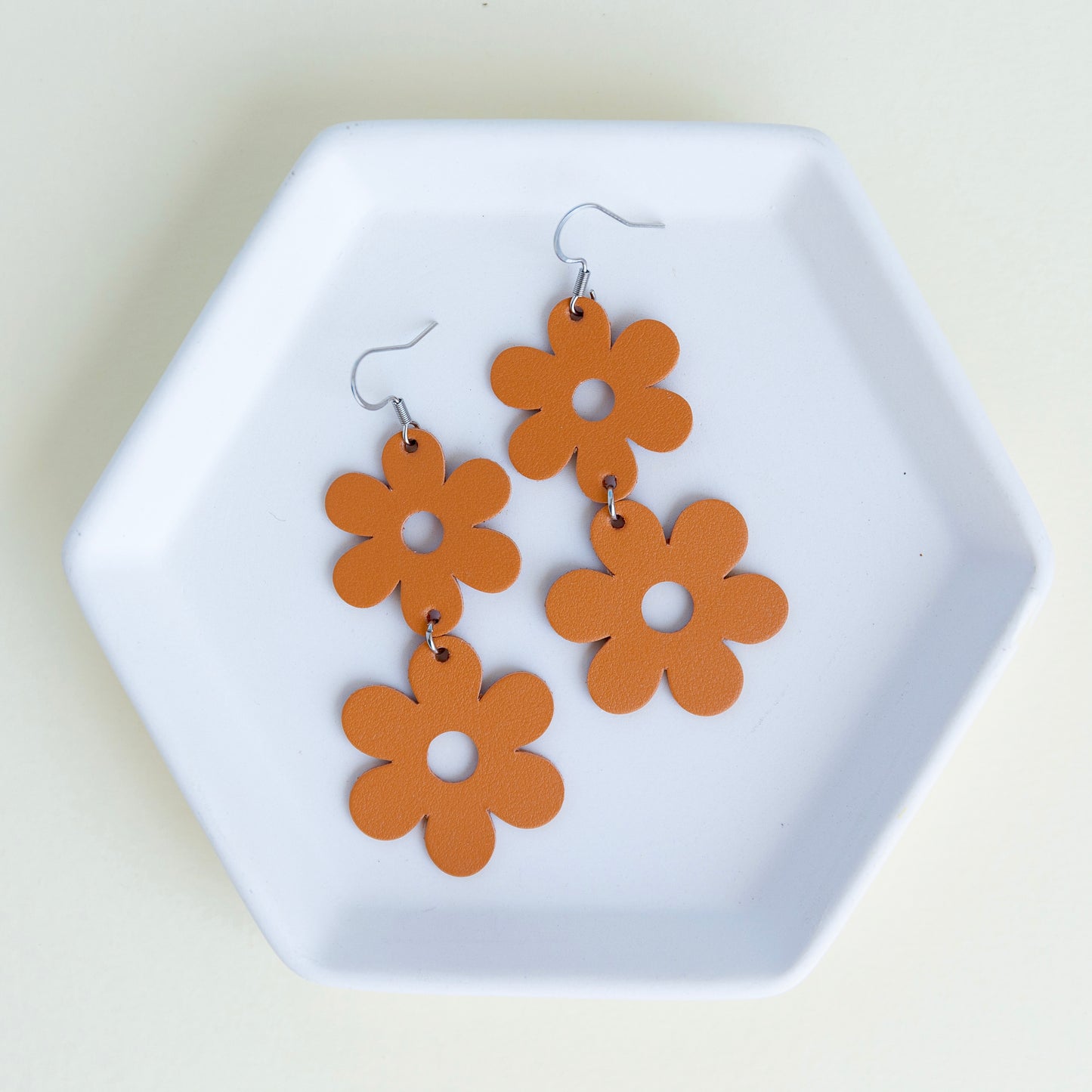 THE DOUBLE DAISY in Orange/ Lightweight Leather Statement Earrings