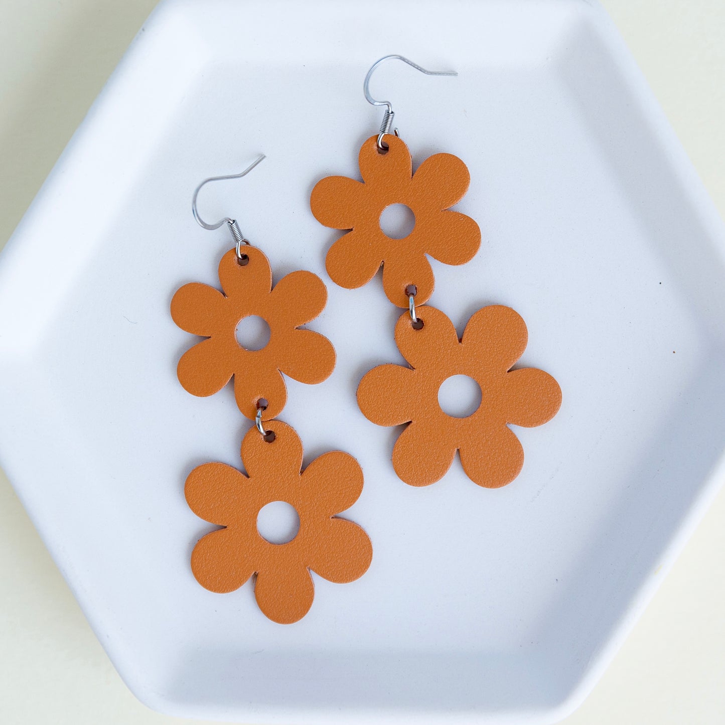 THE DOUBLE DAISY in Orange/ Lightweight Leather Statement Earrings