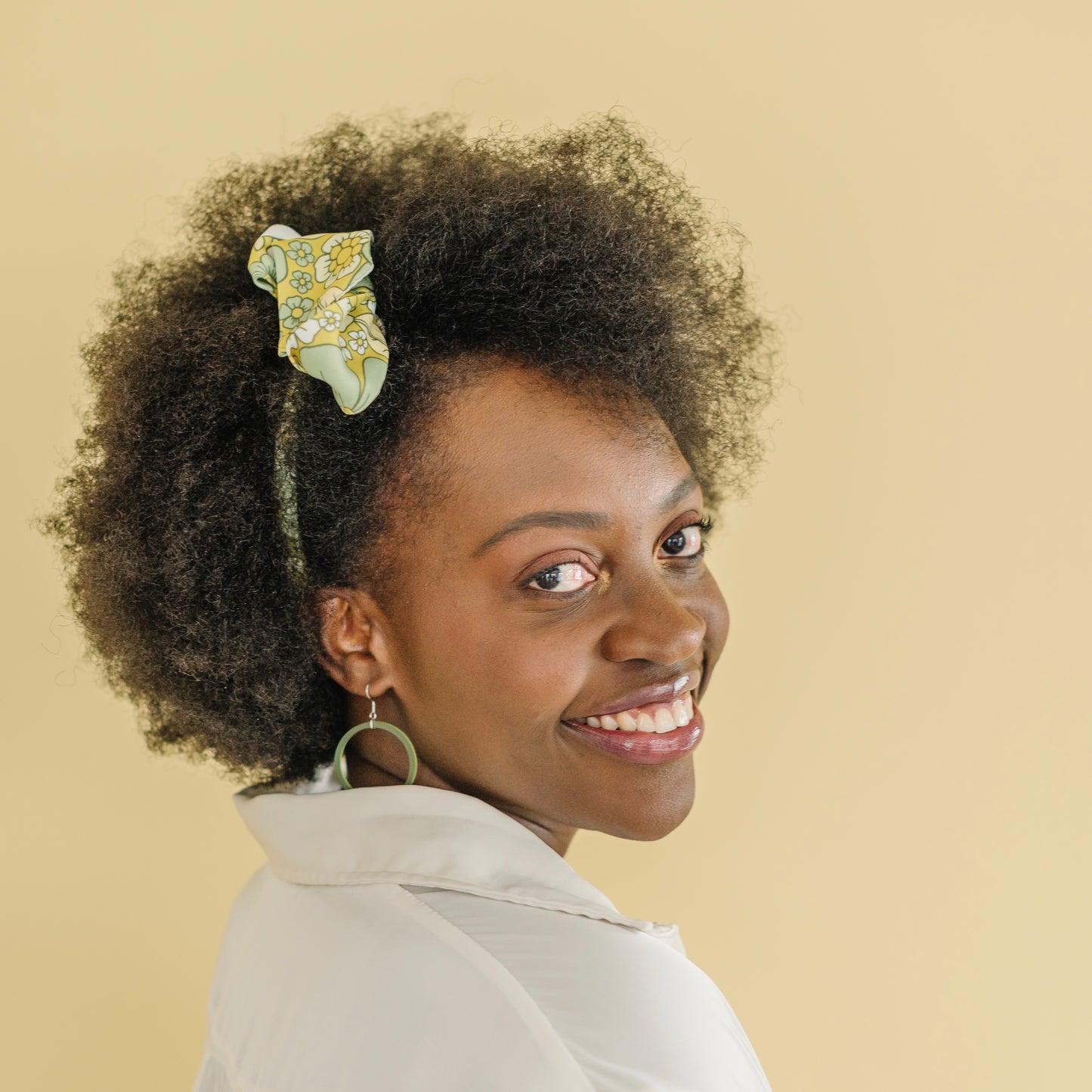 THE BEST EARRINGS/HEADBAND Gift Set in Retro Mustard Yellow & Green Floral + Hoops/ Statement Accessories