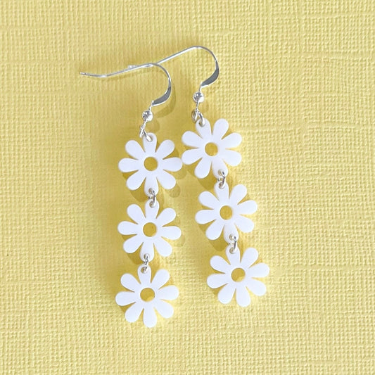 60s 70s White Daisy Floral Retro Flower Power Hippie Vintage inspired Statement Earrings with Sterling Silver Finishes