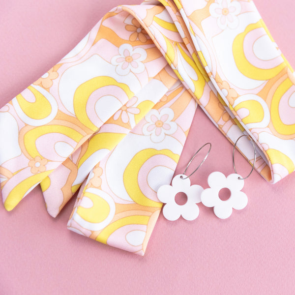 THE BEST EARRINGS/HEADBAND in Daisy Paisley + White Daisy Hoops/ Statement Accessories THE BEST EARRINGS/HEADBAND in Daisy Paisley + White Daisy Hoops/ Statement Accessories