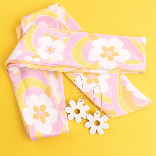 THE BEST EARRINGS/HEADBAND in California Dreaming + White Leather Flower Drops/ Statement Accessories