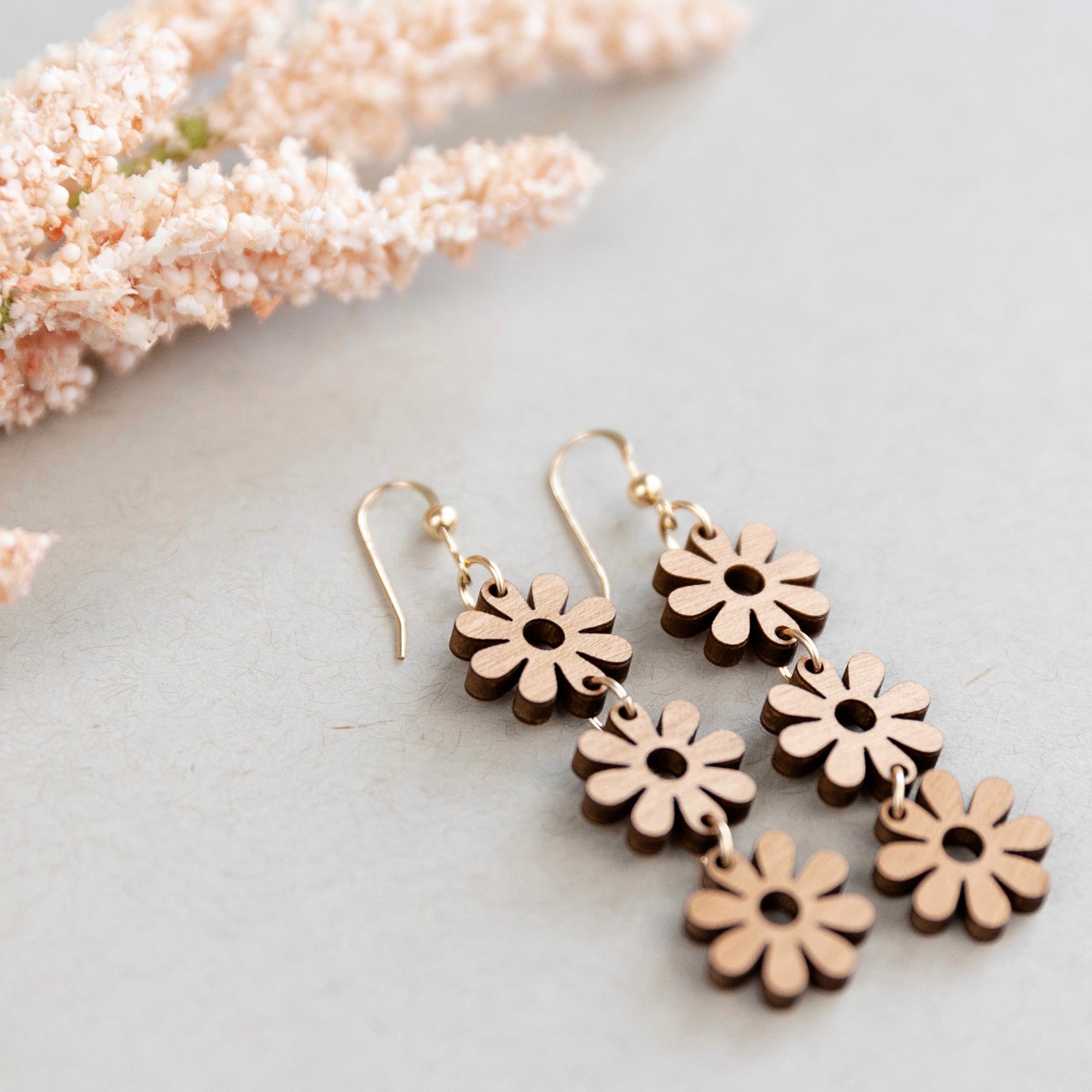 THE DAISY DREAM DANGLE in Cherry Wood+ 14k Gold Lightweight Statement Earrings