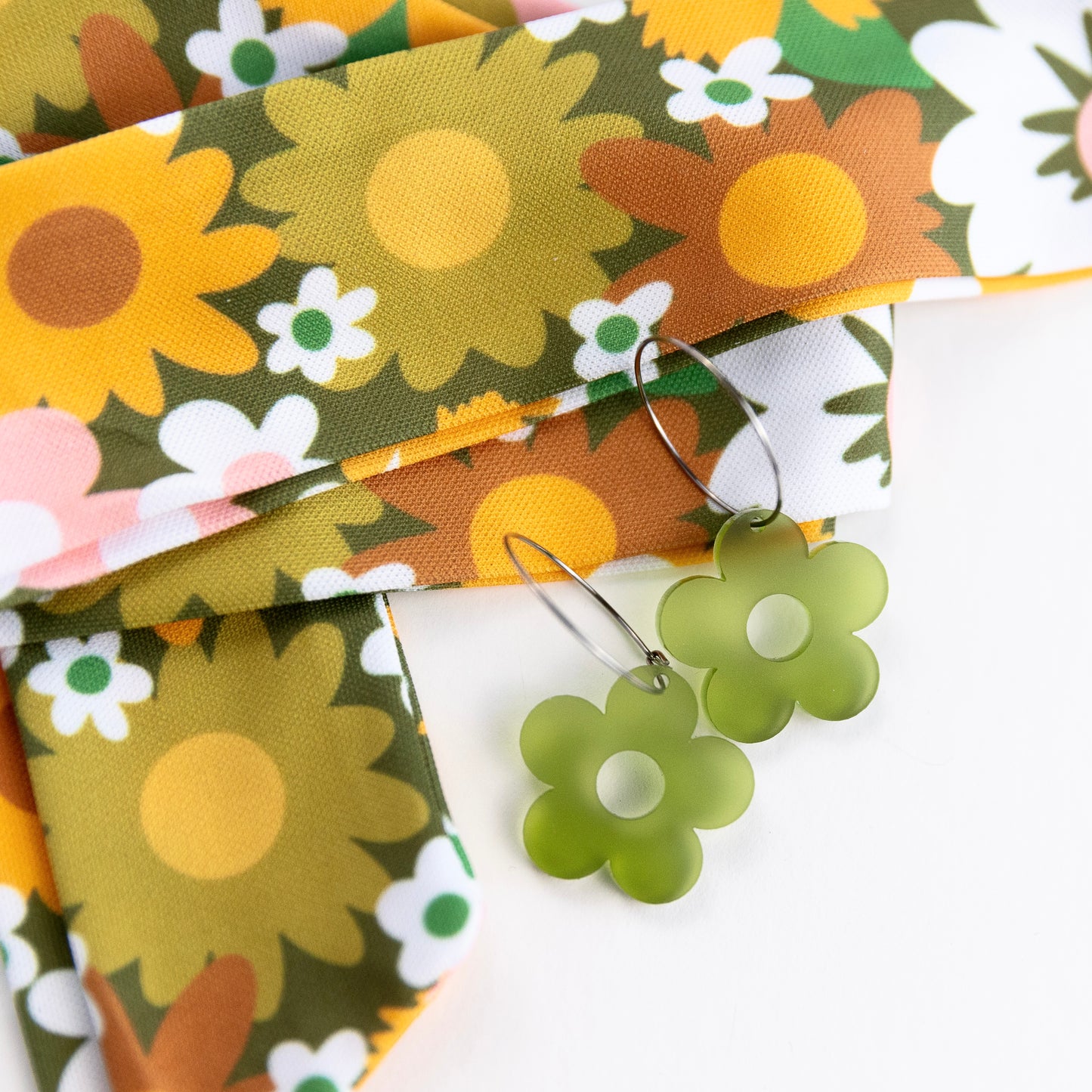 THE BEST EARRINGS/HEADBAND in 60s Retro Daisy + Green Daisy Hoops/ Statement Accessories