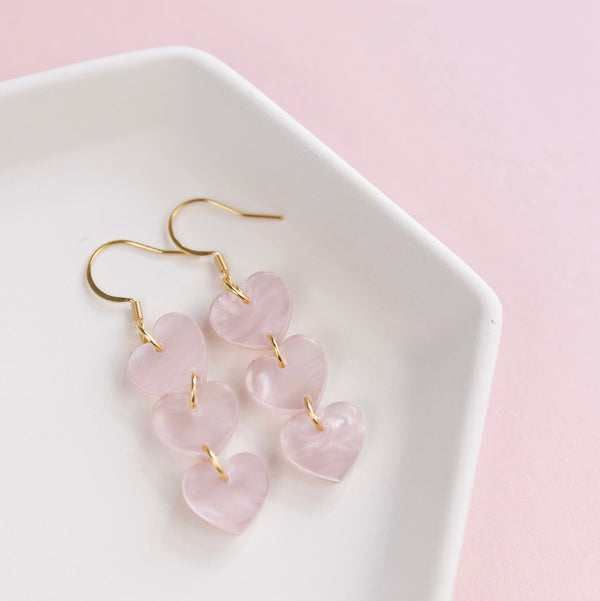 THE HEARTS TRIO in Pink Pearl Shimmer/ Lightweight Acrylic Statement Earrings THE HEARTS TRIO in Pink Pearl Shimmer/ Lightweight Acrylic Statement Earrings