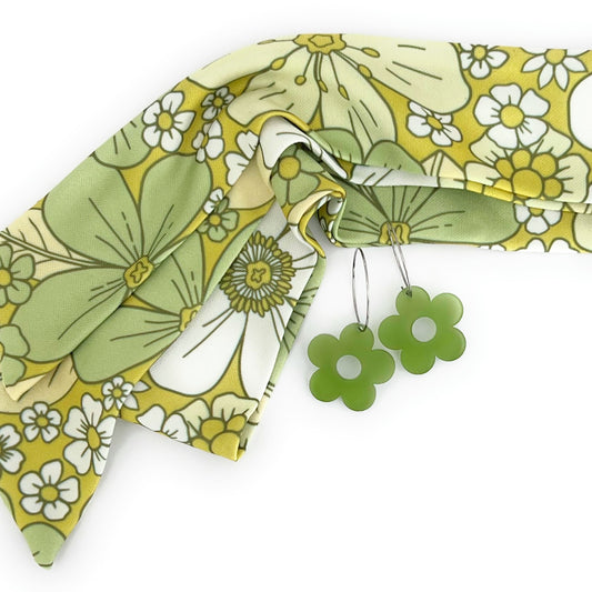 THE BEST EARRINGS/HEADBAND Gift Set in Retro Mustard Yellow & Green Floral + Daisy Hoops/ Statement Accessories