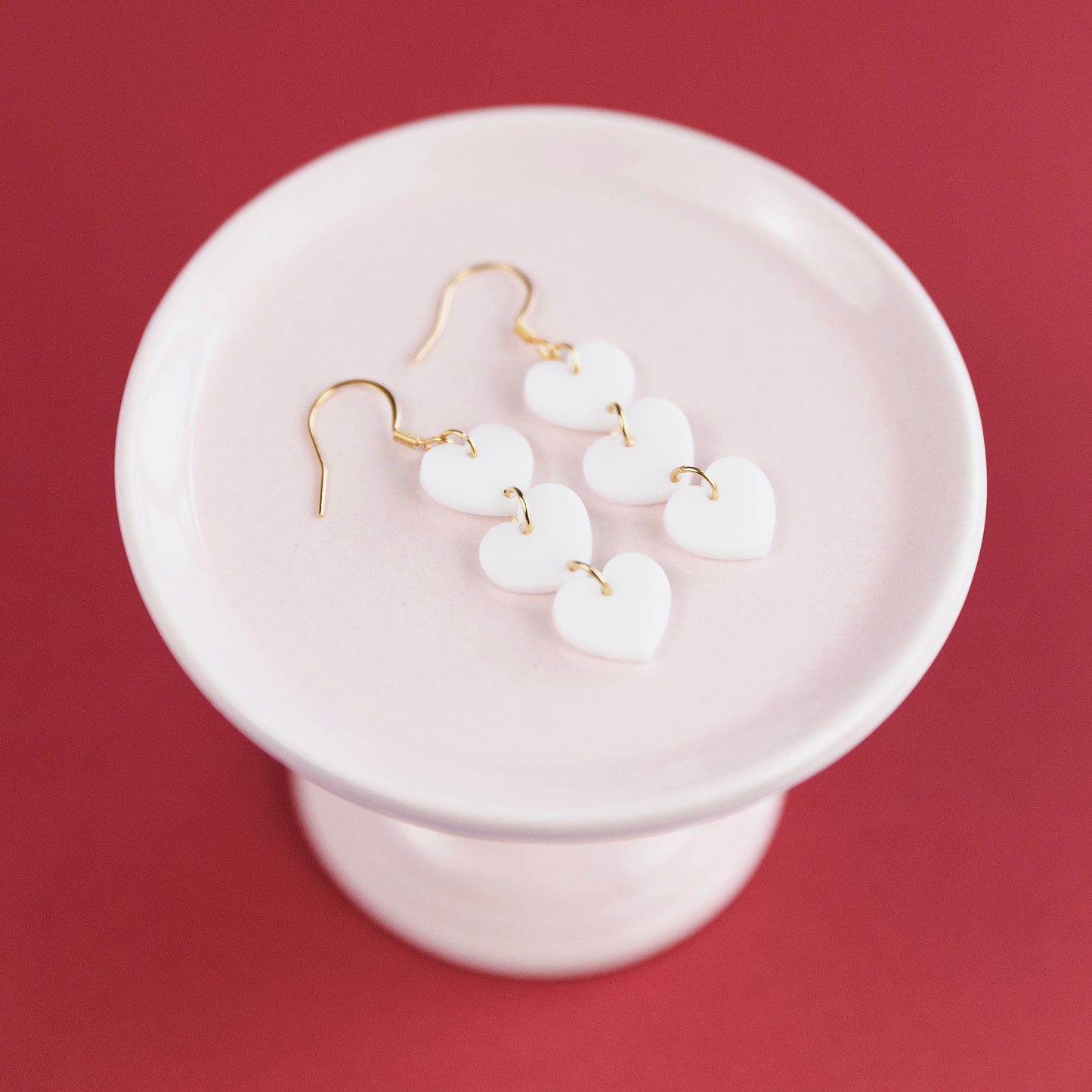 THE HEARTS TRIO in Pink White + Gold/ Lightweight Acrylic Statement Earrings
