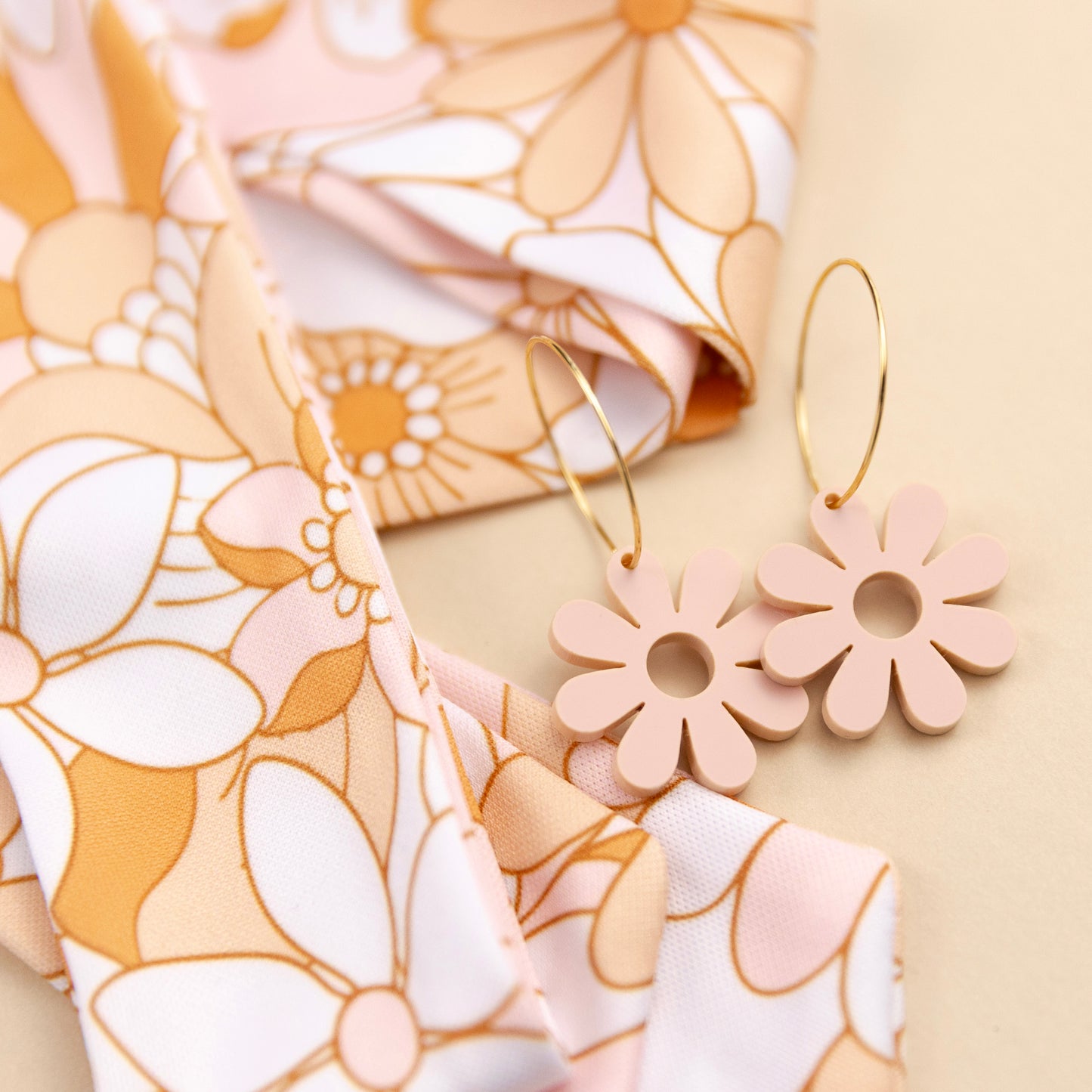 THE BEST EARRINGS/HEADBAND in Nude Blush Pink Retro Floral + Daisy Hoops/ Statement Accessories