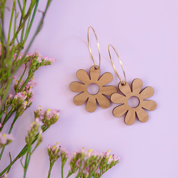 THE PRETTY DAISY HOOP in Cherry Wood/ Lightweight Statement Earrings THE PRETTY DAISY HOOP in Cherry Wood/ Lightweight Statement Earrings