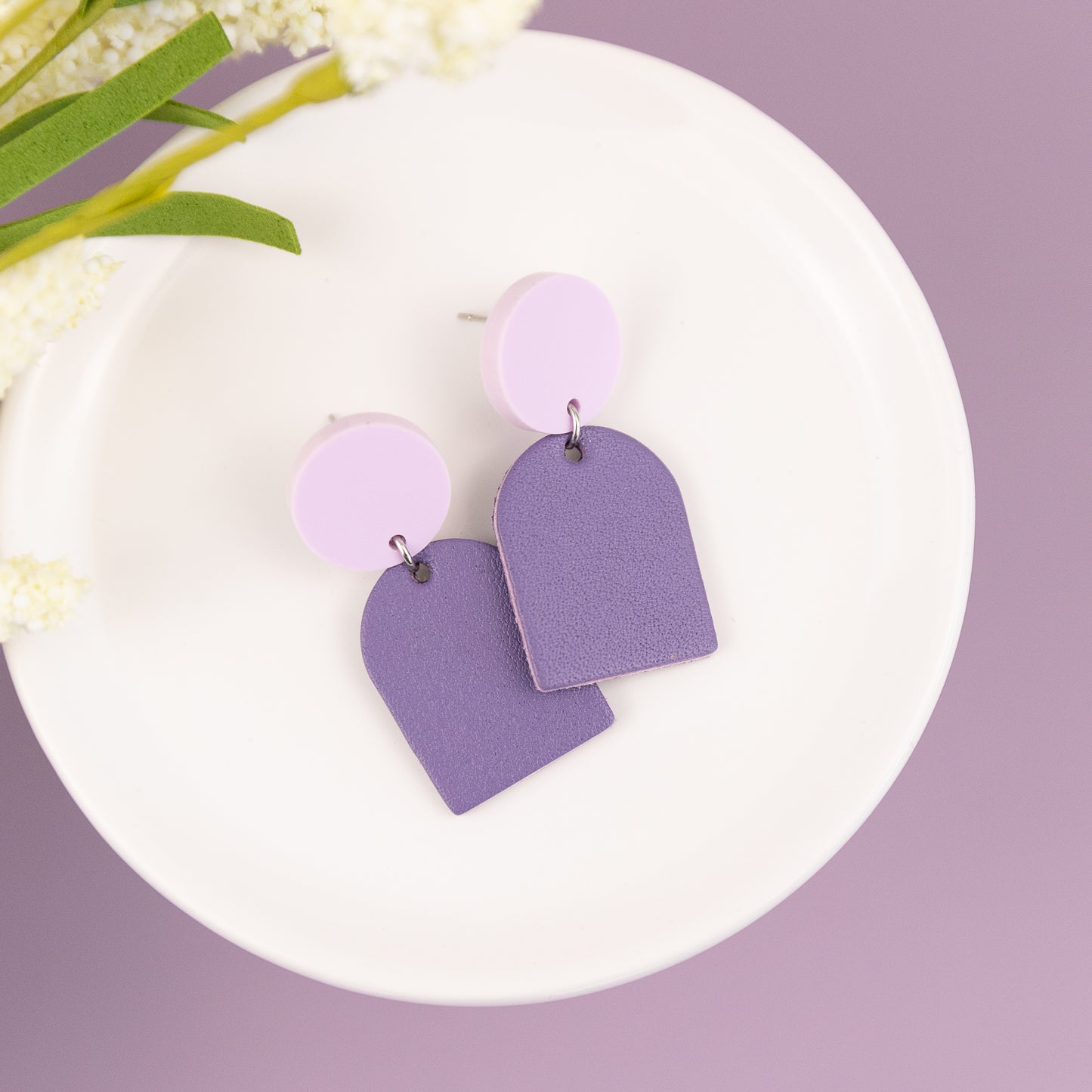 THE ARCH DANGLE in Lavender + Purple/ Lightweight Leather Statement Earrings