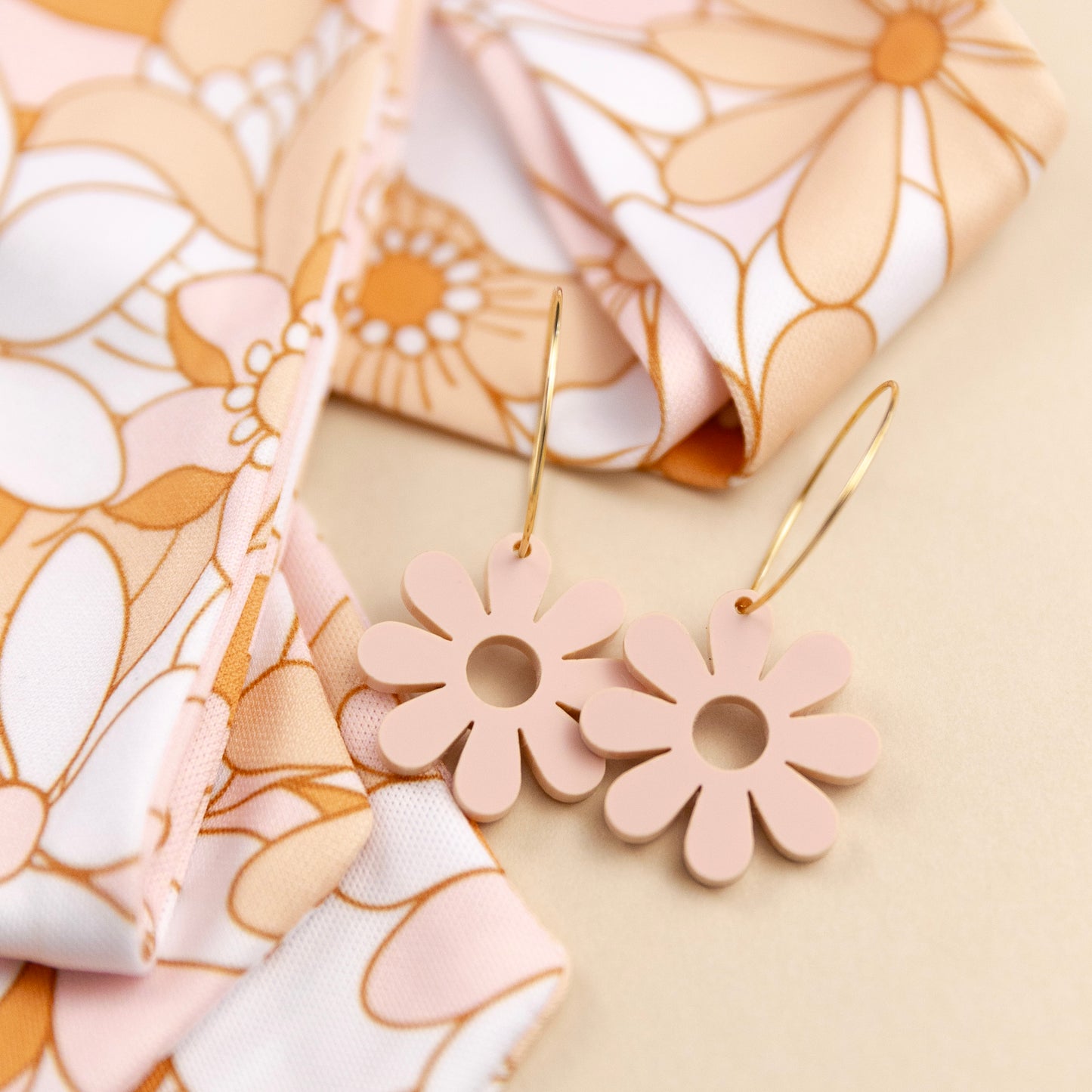 THE BEST EARRINGS/HEADBAND in Nude Blush Pink Retro Floral + Daisy Hoops/ Statement Accessories