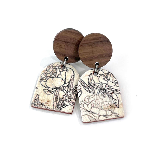 THE ARCH DANGLE in Black & White Floral Sketch/ Lightweight Leather + Wood Statement Earrings THE ARCH DANGLE in Black & White Floral Sketch/ Lightweight Leather + Wood Statement Earrings