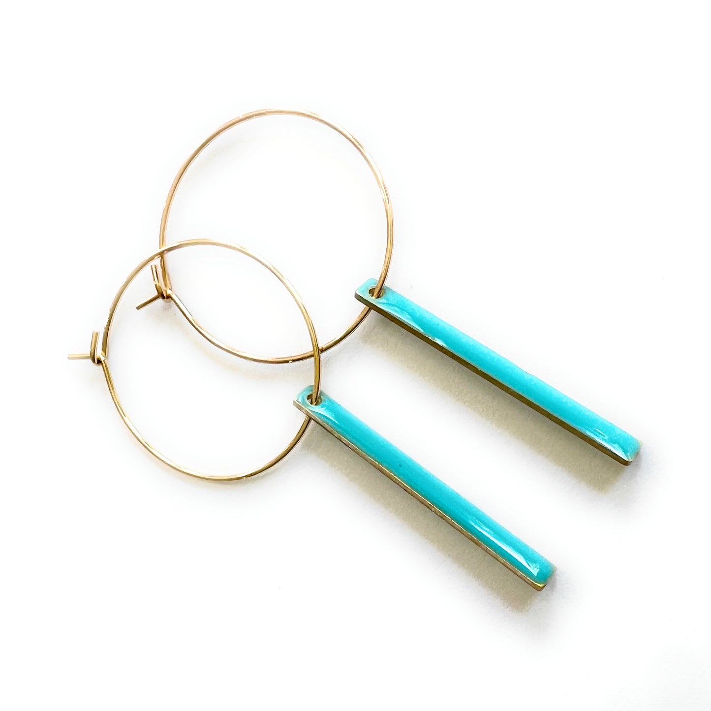 Gold hoops with aqua bar charm lightweight statement earrings