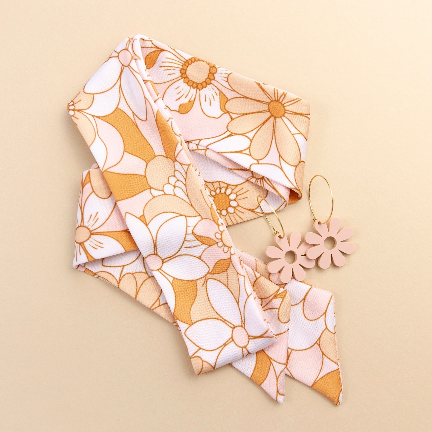 THE BEST EARRINGS/HEADBAND in Nude Blush Pink Retro Floral + Daisy Hoops/ Statement Accessories
