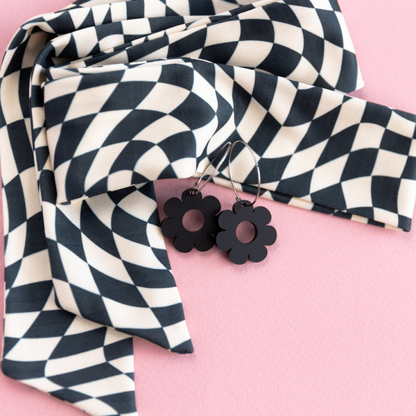 THE BEST EARRINGS/HEADBAND in Black & Cream Wavy Checkerboard + Daisy Hoops/ Statement Accessories THE BEST EARRINGS/HEADBAND in Black & Cream Wavy Checkerboard + Daisy Hoops/ Statement Accessories