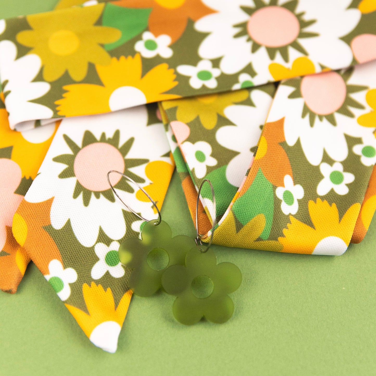 THE BEST EARRINGS/HEADBAND in 60s Retro Daisy + Green Daisy Hoops/ Statement Accessories