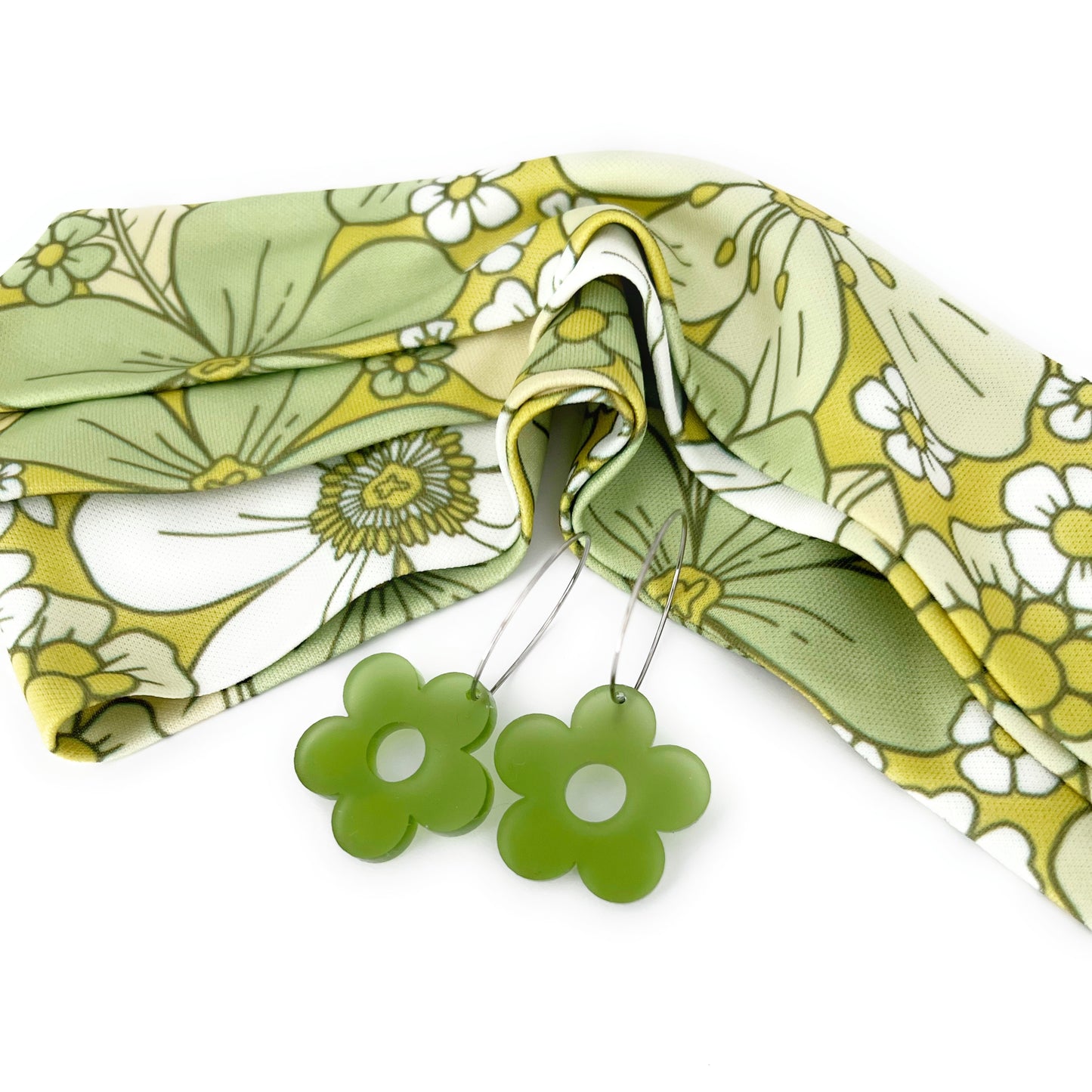 THE BEST EARRINGS/HEADBAND Gift Set in Retro Mustard Yellow & Green Floral + Daisy Hoops/ Statement Accessories