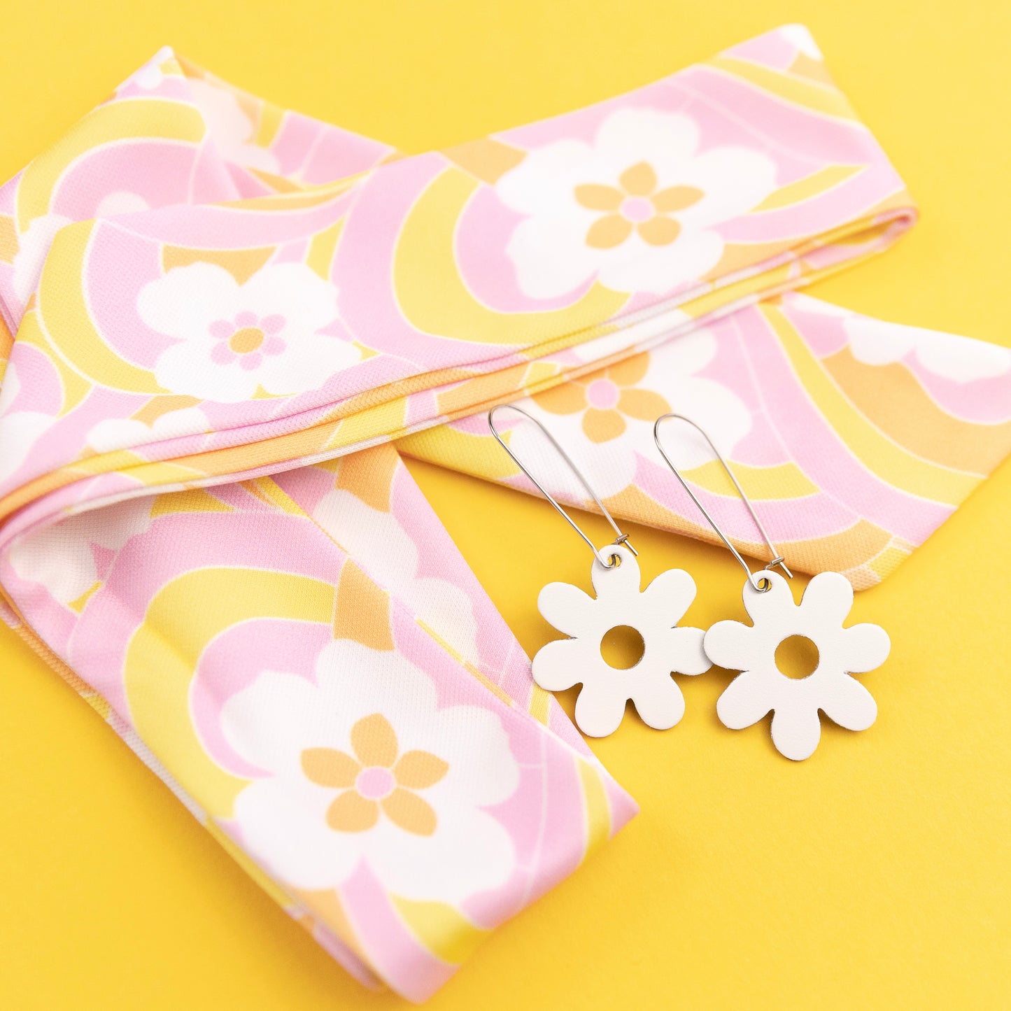 THE BEST EARRINGS/HEADBAND in California Dreaming + White Leather Flower Drops/ Statement Accessories