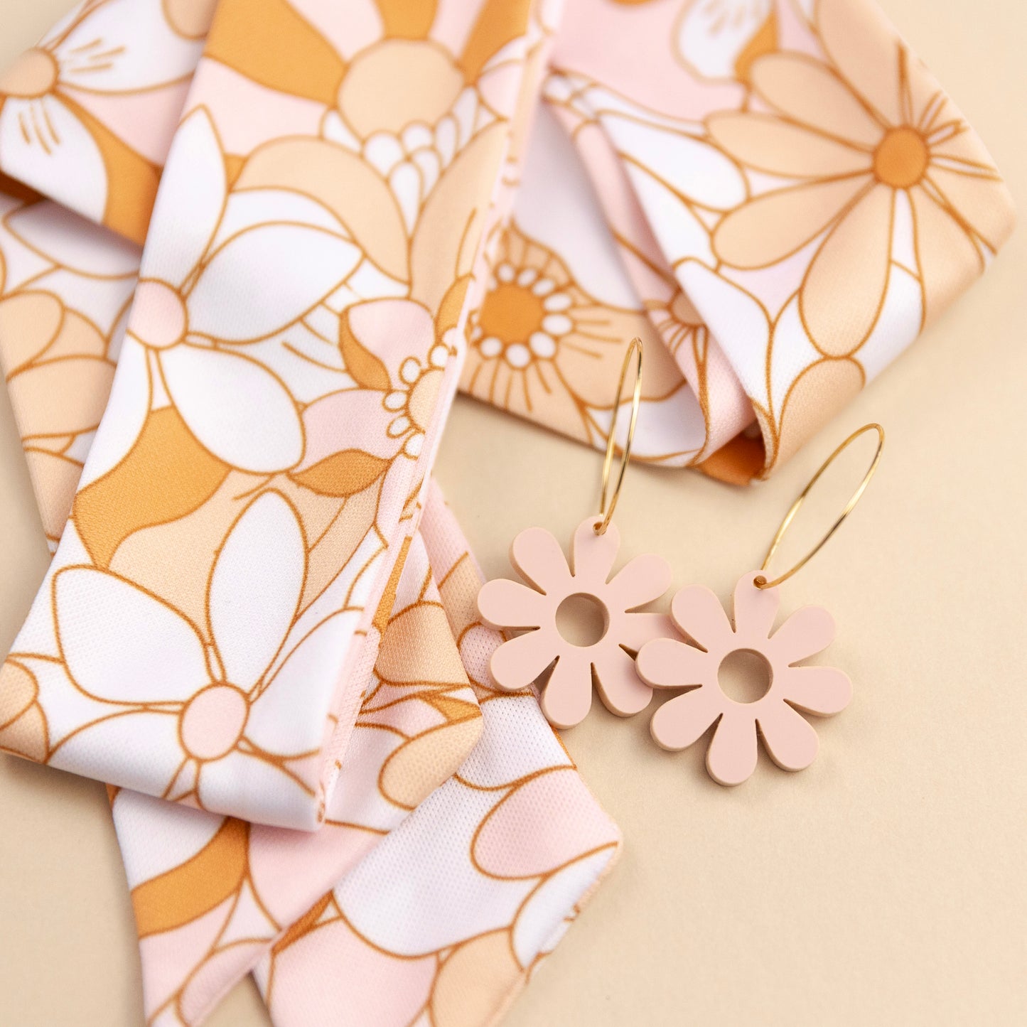 THE BEST EARRINGS/HEADBAND in Nude Blush Pink Retro Floral + Daisy Hoops/ Statement Accessories
