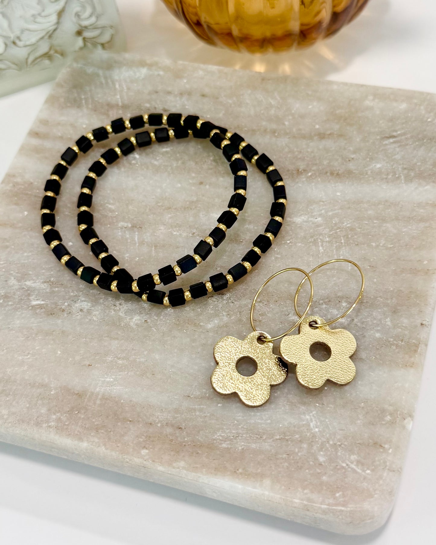 Leather Gold Daisy Hoop Earrings