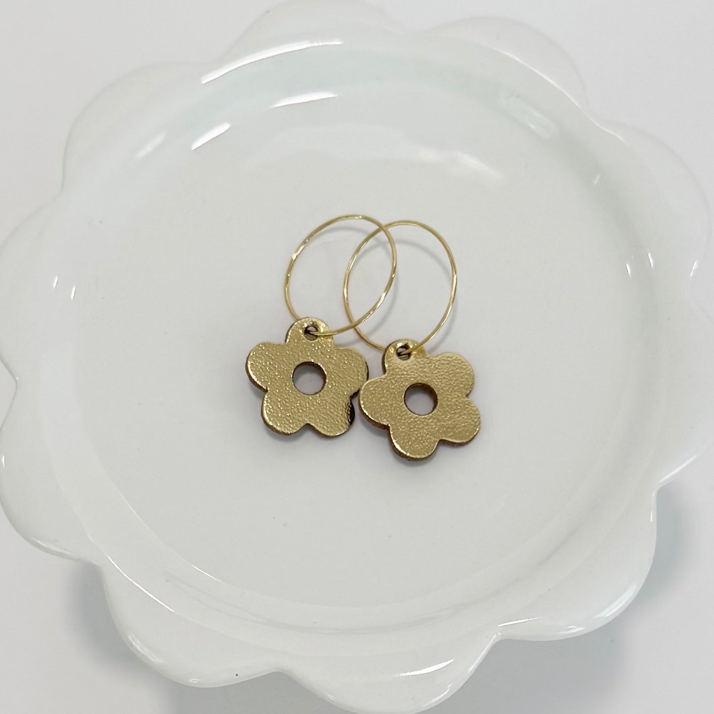 Leather Gold Daisy Hoop Earrings