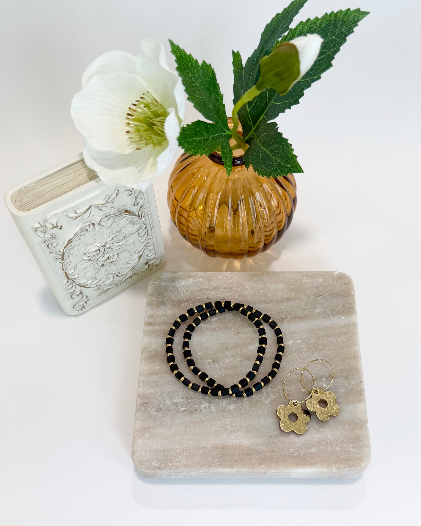 Leather Gold Daisy Hoop Earrings