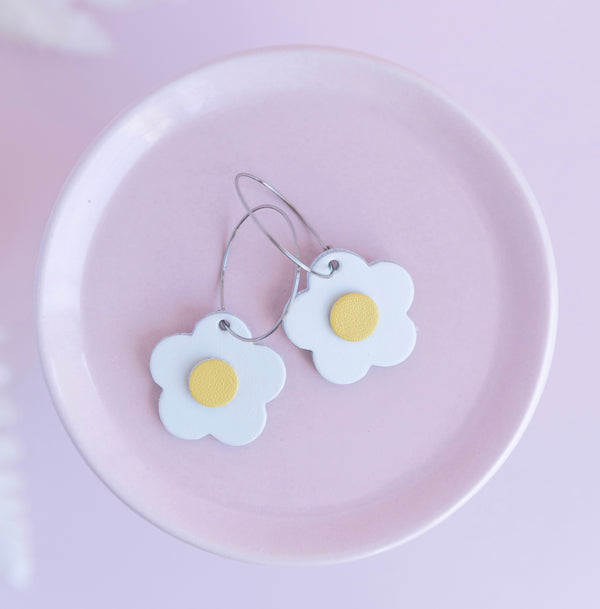 Retro Leather Daisy Hoops in White Lightweight Statement Earrings