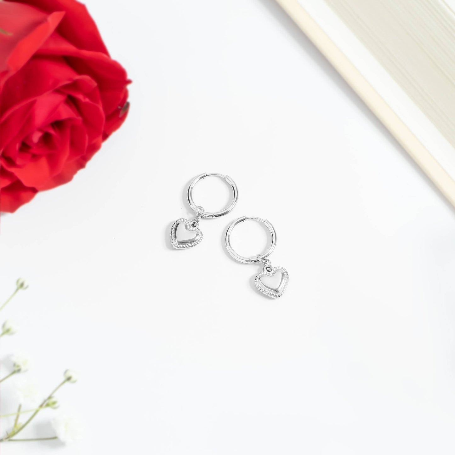 Waterproof Silver Heart Huggie Hoops