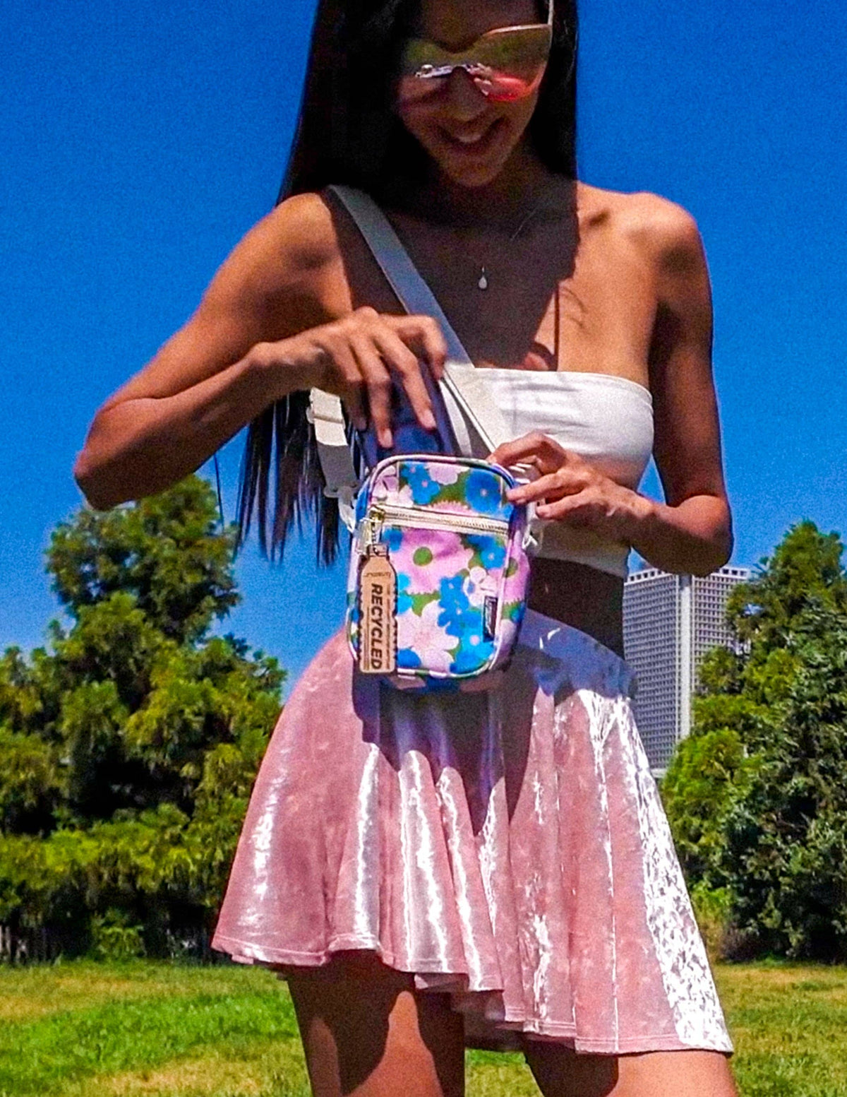 Pink Blue Floral Small Crossbody Bag Brick