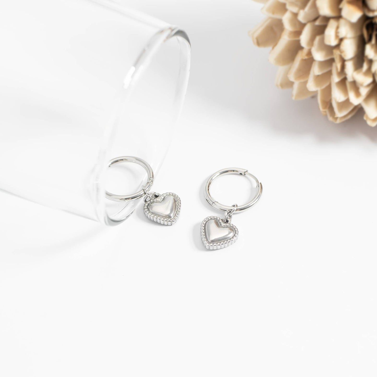Waterproof Silver Heart Huggie Hoops