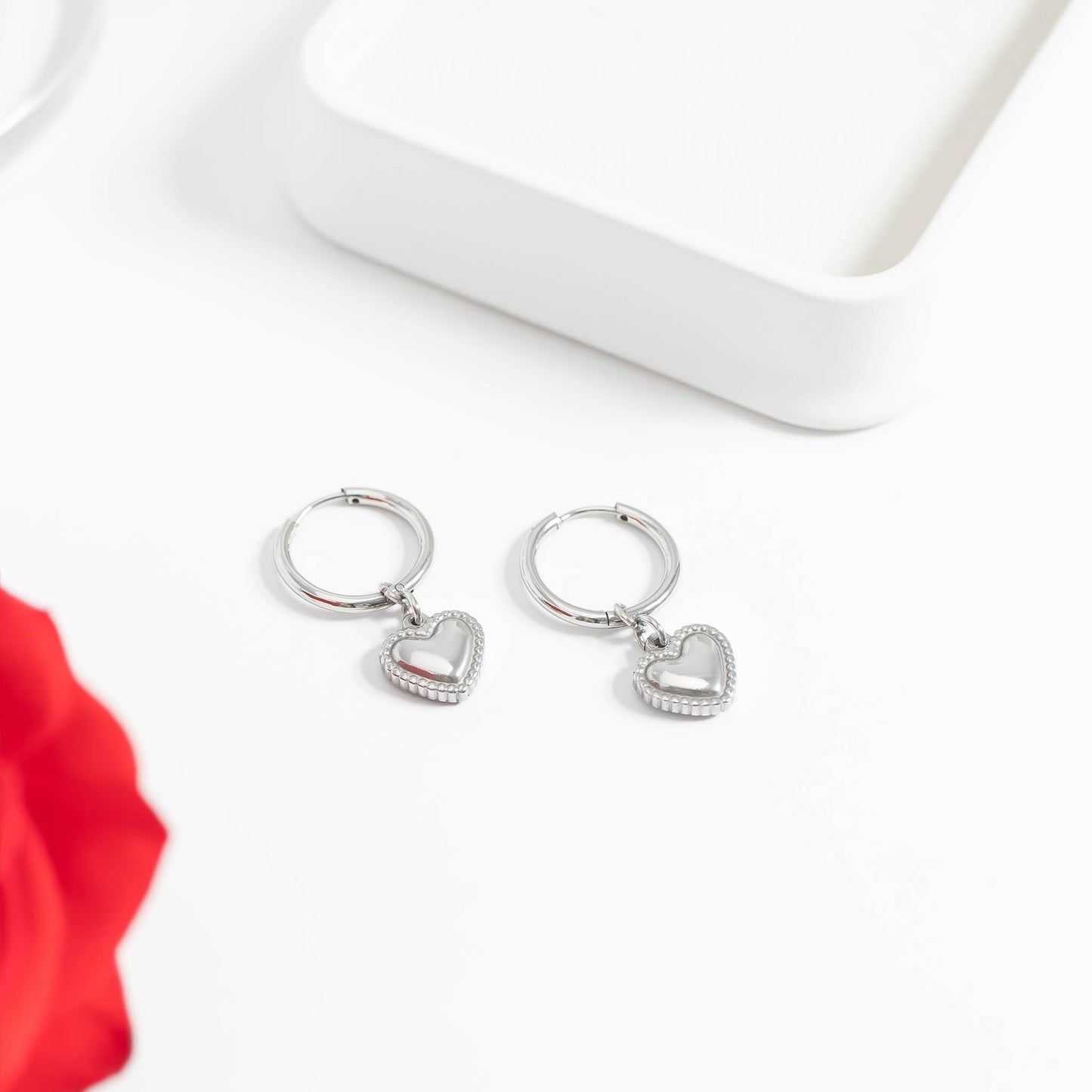 Waterproof Silver Heart Huggie Hoops