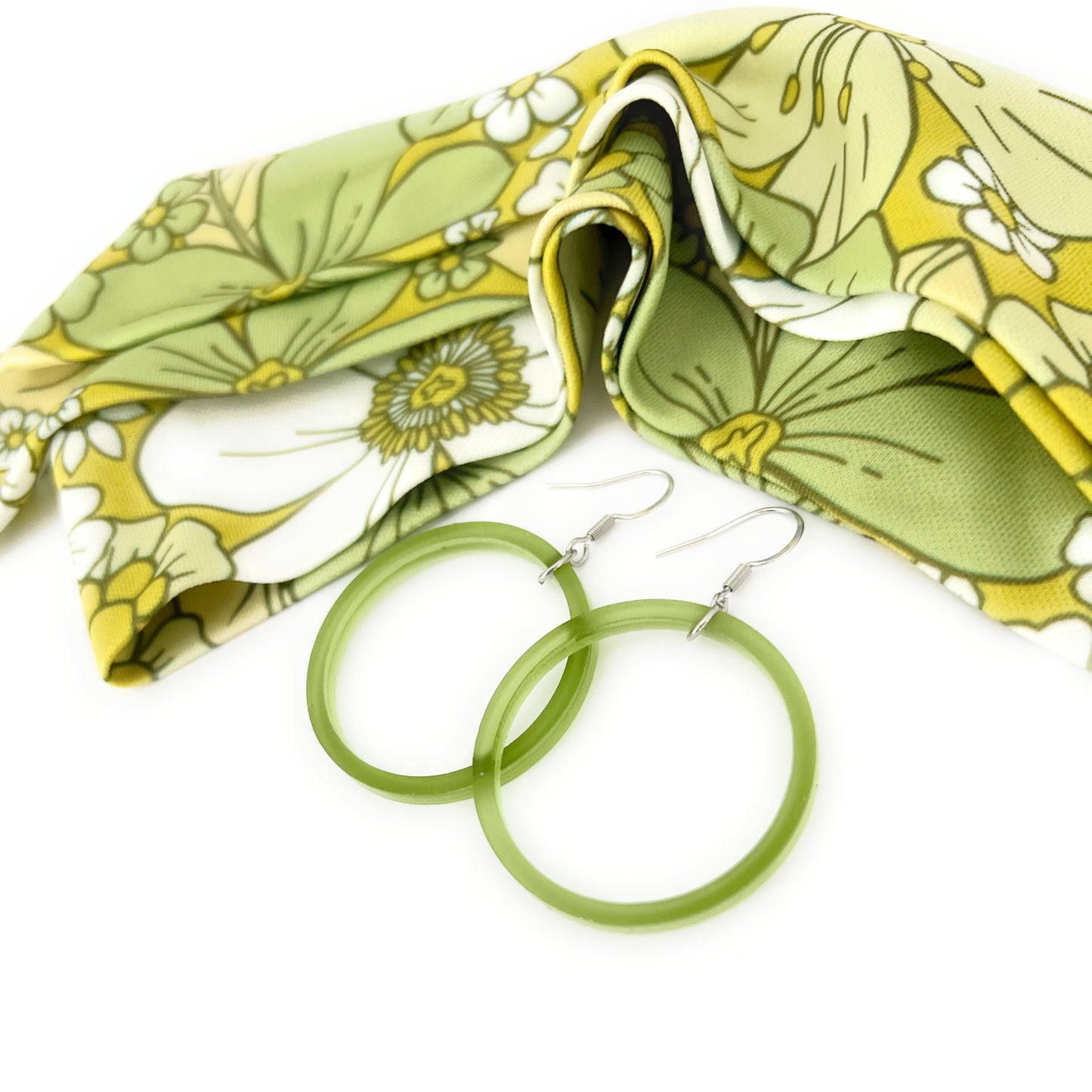 THE BEST EARRINGS/HEADBAND Gift Set in Retro Mustard Yellow & Green Floral + Hoops/ Statement Accessories