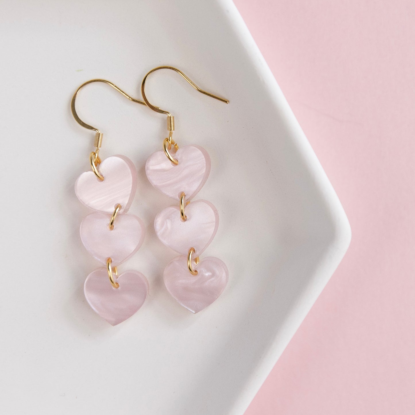 THE HEARTS TRIO in Pink Pearl Shimmer/ Lightweight Acrylic Statement Earrings