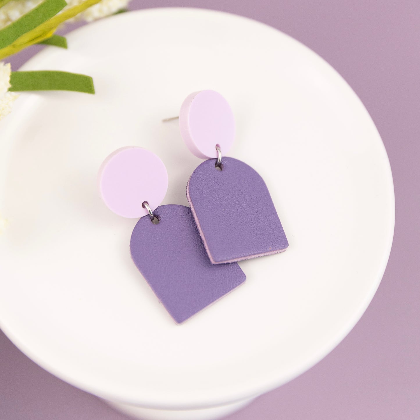 THE ARCH DANGLE in Lavender + Purple/ Lightweight Leather Statement Earrings