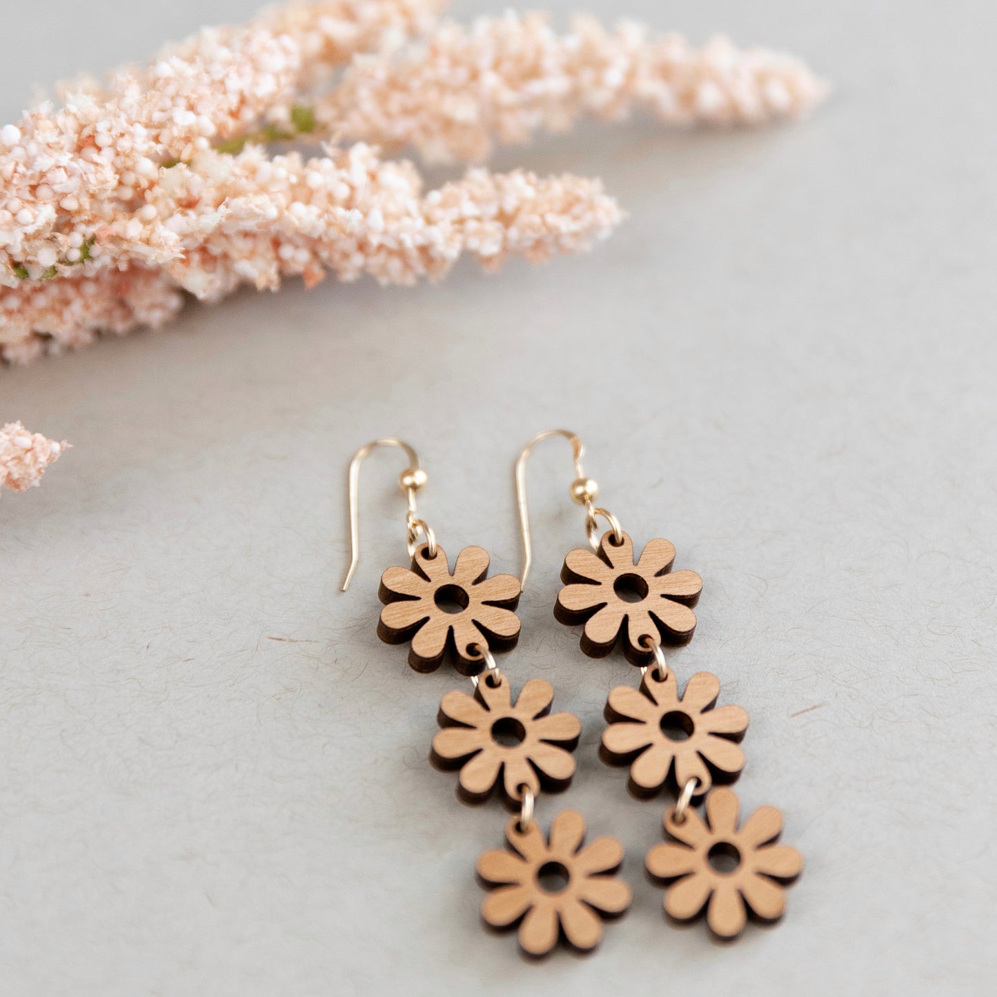 THE DAISY DREAM DANGLE in Cherry Wood+ 14k Gold Lightweight Statement Earrings