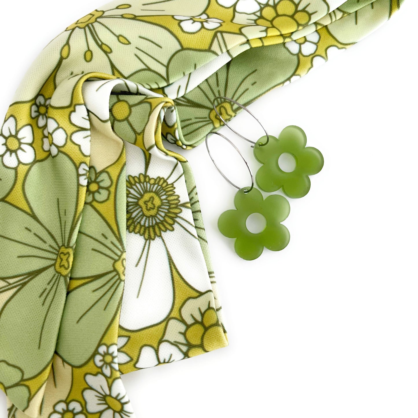 THE BEST EARRINGS/HEADBAND Gift Set in Retro Mustard Yellow & Green Floral + Daisy Hoops/ Statement Accessories