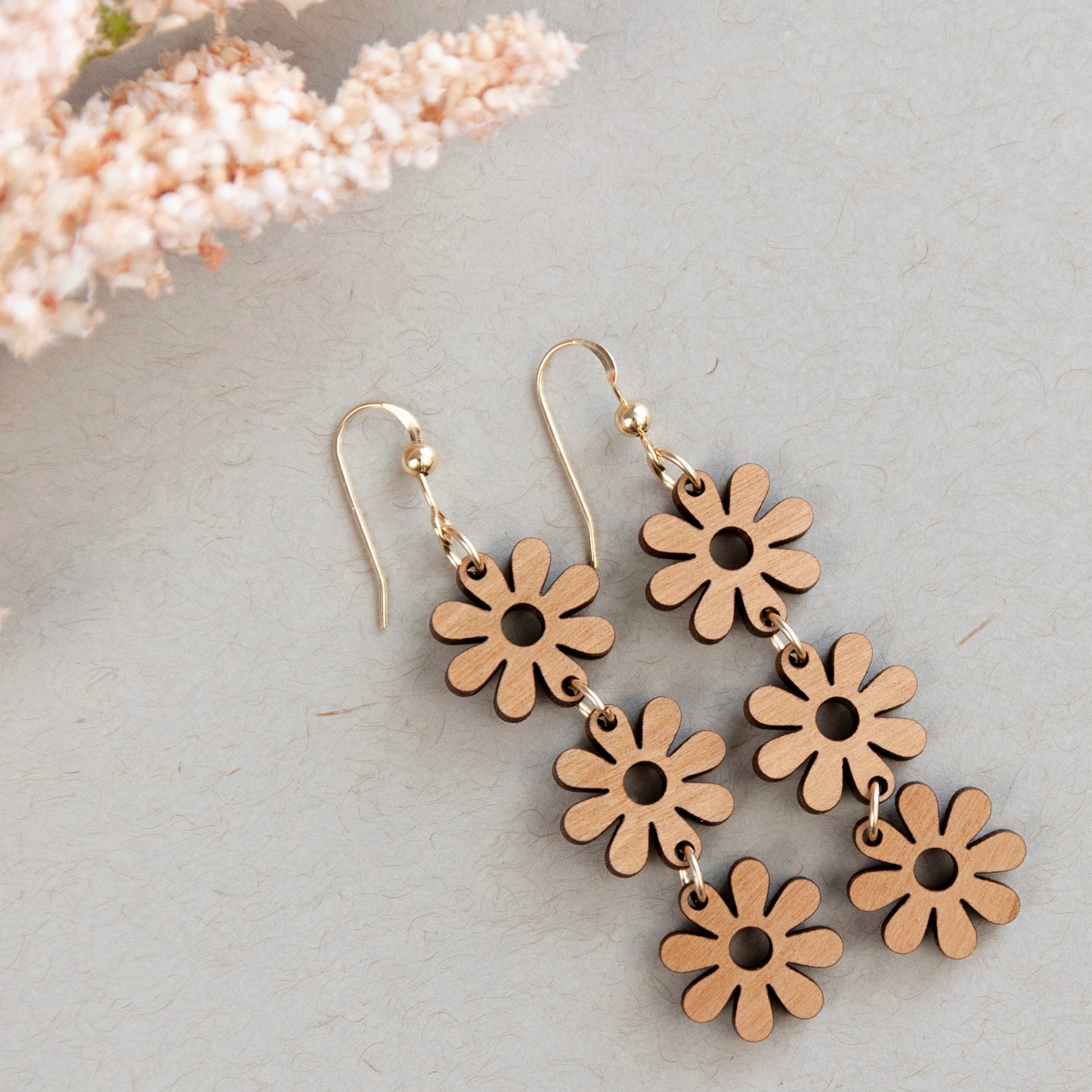 THE DAISY DREAM DANGLE in Cherry Wood+ 14k Gold Lightweight Statement Earrings